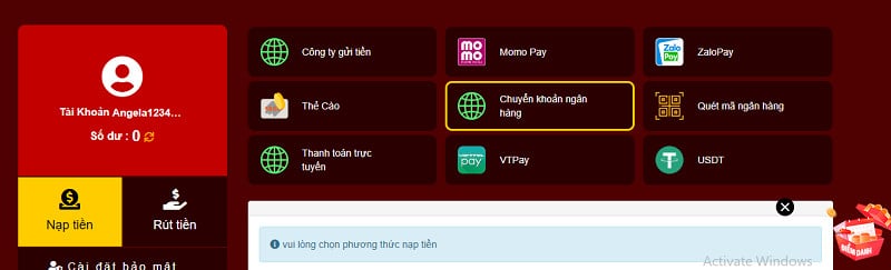 Hướng dẫn nạp tiền bằng internet Banking